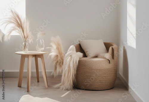 Beige barrel chair stump side table and vase with pampas grass against white wall Minimalist home interior photo