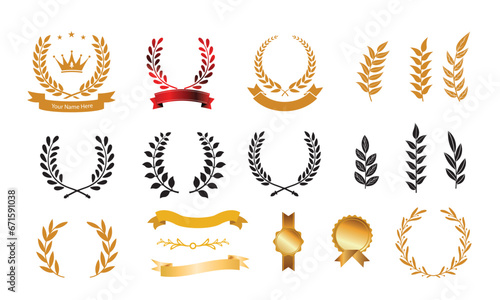 Laurel gold vector illustration in white background. Leaves frame, swirls, winner, trophy,  laurel wreath, award decoration vector design isolated.
