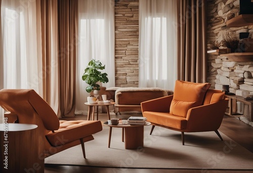 Beige lounge chair near orange loveseat sofa against wood and stone paneling wall Mid-century style © ArtisticLens