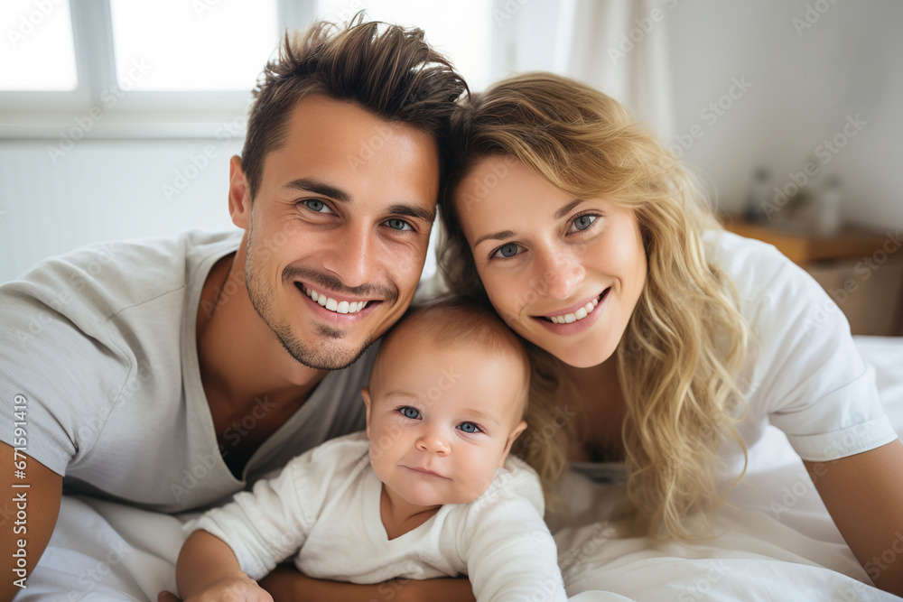 a Happy Family with a newborn baby, lying on a light bed in a very bright room a Happy Family with a newborn baby, lying on a light bed in a very bright room