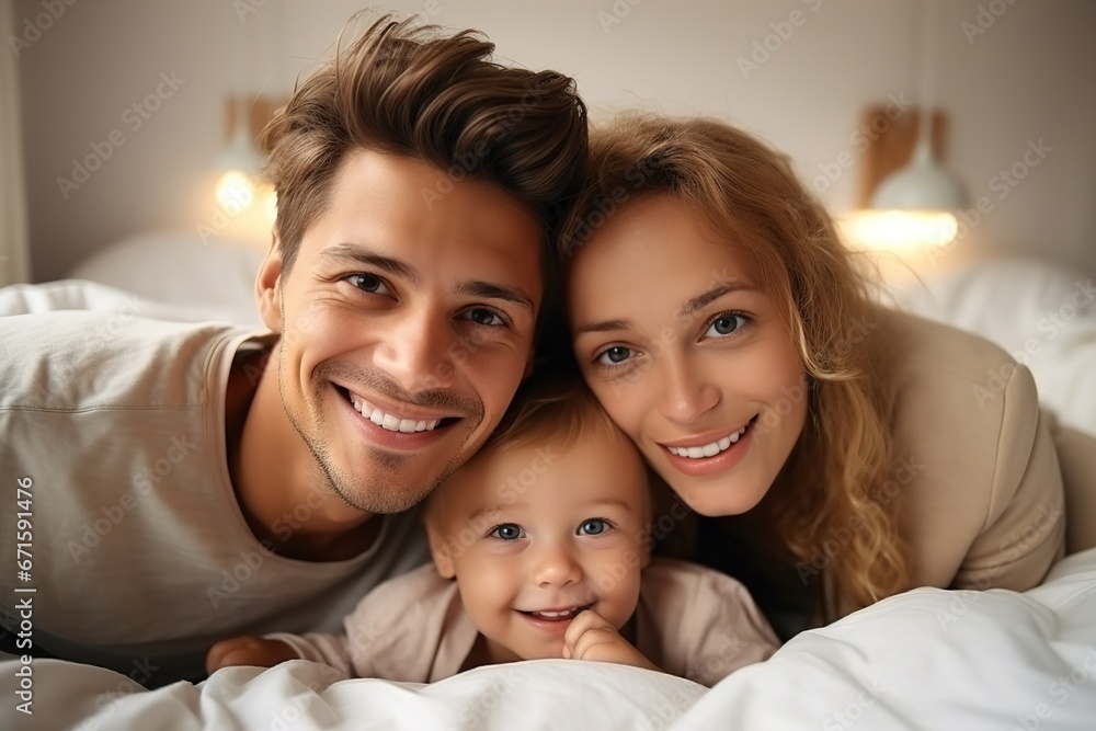 a Happy Family with a newborn baby, lying on a light bed in a very bright room