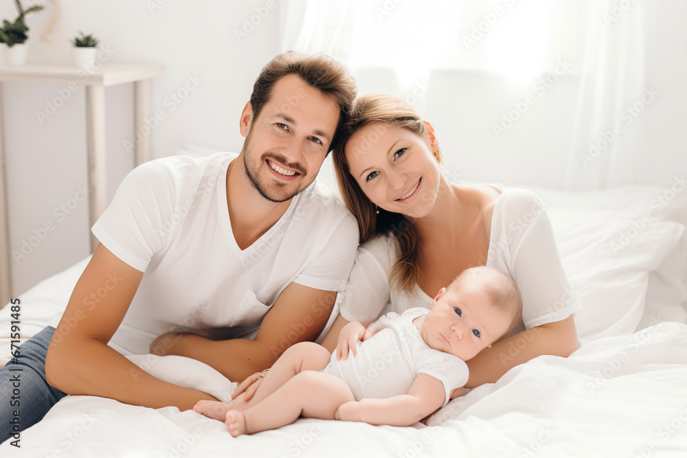 a Happy Family with a newborn baby, lying on a light bed in a very bright room a Happy Family with a newborn baby, lying on a light bed in a very bright room
