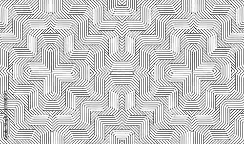 Line art optical art. Psychedelic background. Monochrome background. Optical illusion style. Black dark background. Modern pattern. Abstract graphic texture. Graphic ornament