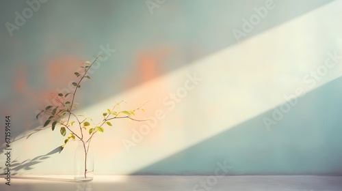 Painting of light reflection on wall with branch. Watercolor pastel colors aesthetic minimalism background with neutral style. Empty wall with color gradients as elegant and simple backdrop © TensorSpark