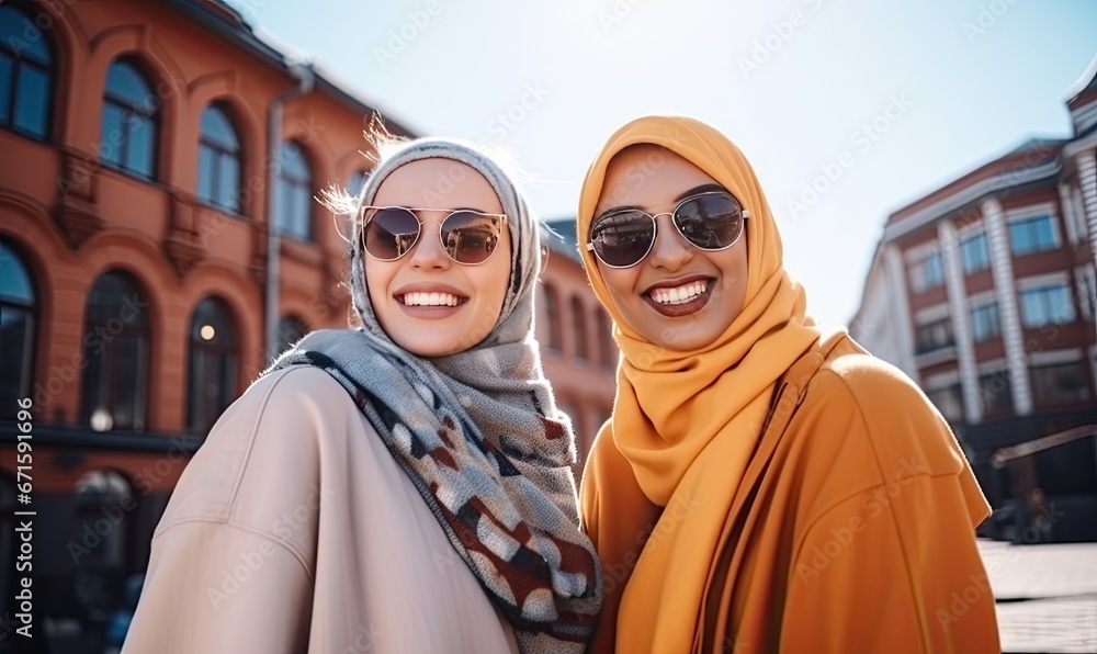 Standing in Front of a Majestic Building, Women in Headscarves Embrace Cultural Diversity
