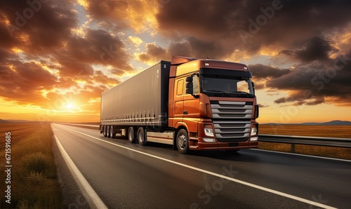 Foto A Majestic Semi Truck Silhouetted Against a Vibrant Sunset