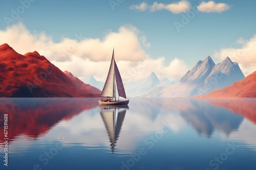 A lone sailboat gliding across a serene, glassy lake.