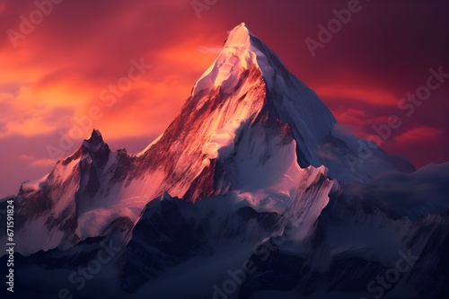 A snow-covered mountain peak kissed by the first light of dawn.