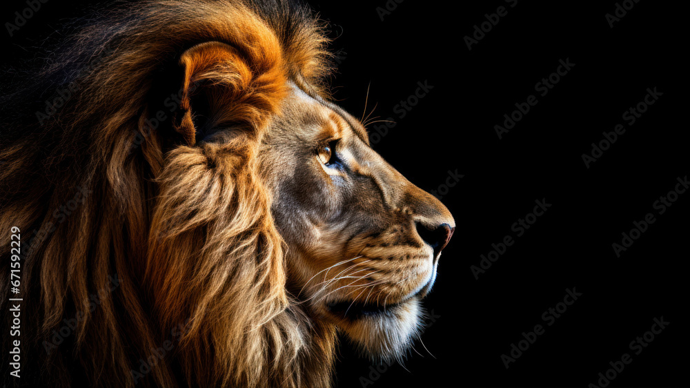 Fototapeta premium Portrait of a male lion on a black background. Studio shot.
