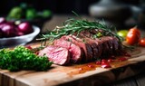 Sliced roast beef with herbs and tomatoes on a wooden board