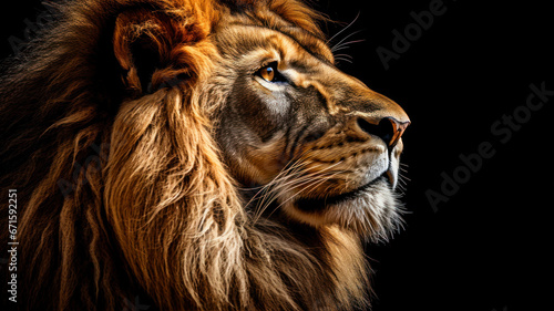 Portrait of a lion on a black background. Side view.