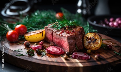 Steak with orange and greens on a wooden table in the kitchen