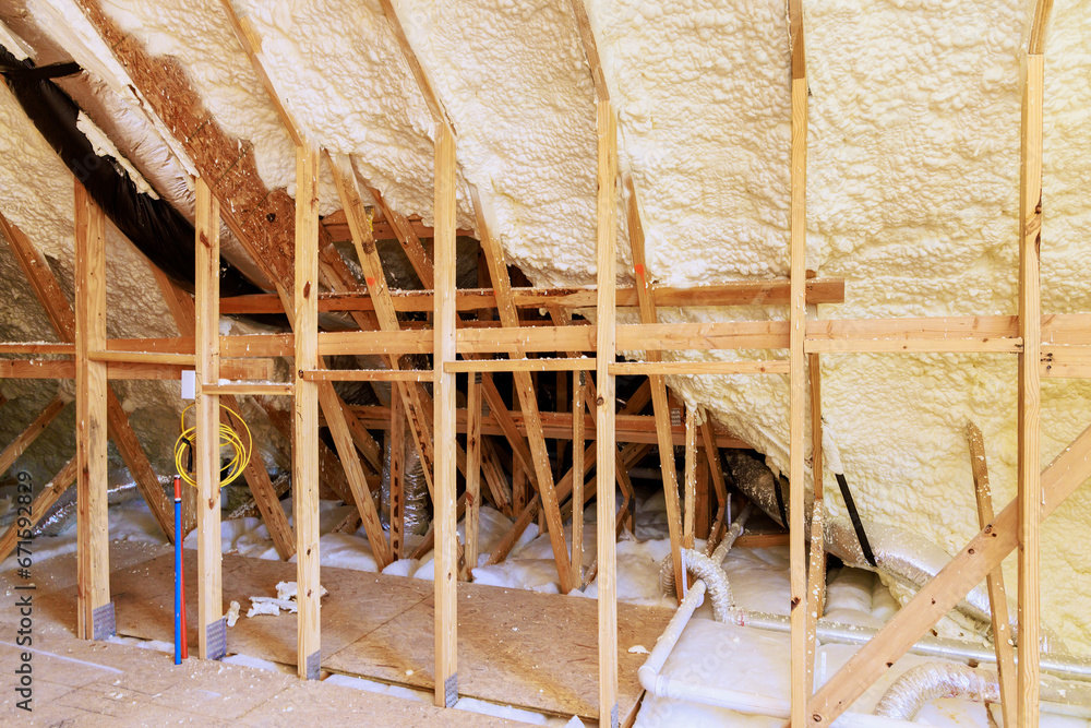 Wall is spray foam thermal hydro insulation in under construction new home Wall is spray foam thermal hydro insulation in under construction new home