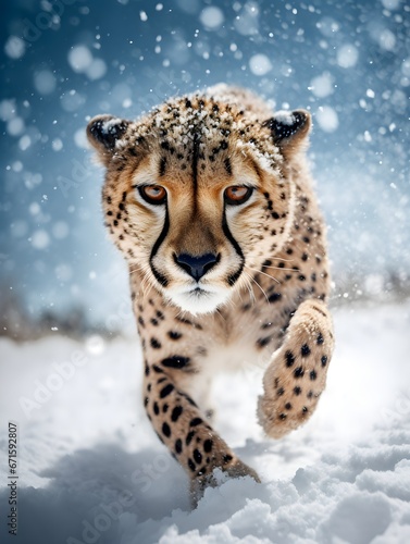 a cheetah running in the snow