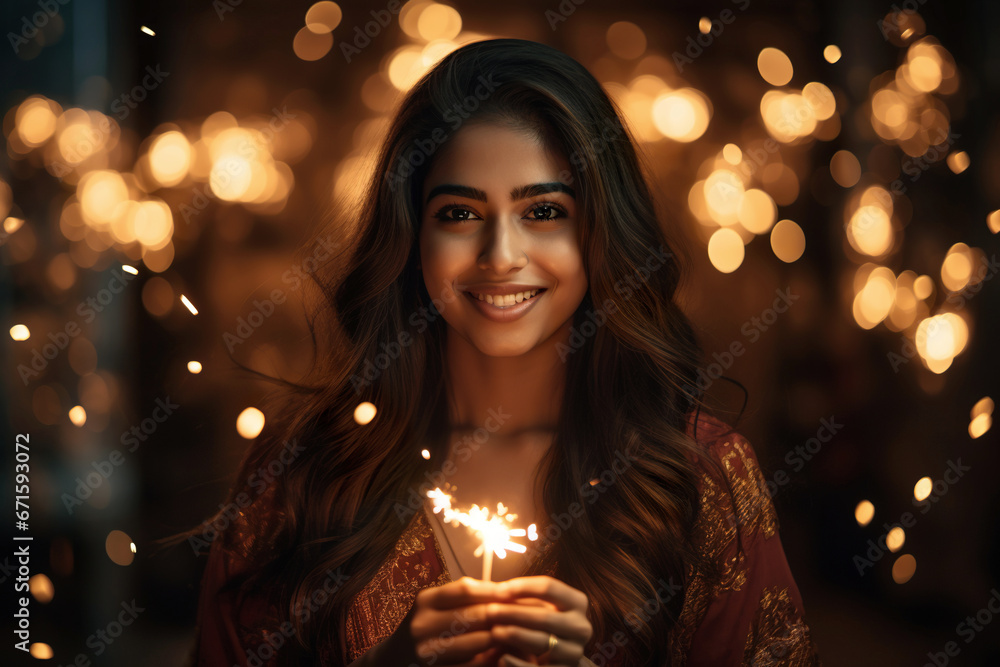 Young smiling Indian girl holding a fire cracker. Diwali festival concept Young smiling Indian girl holding a fire cracker. Diwali festival concept