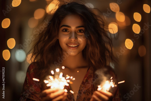 Young smiling Indian girl holding a fire cracker. Diwali festival concept