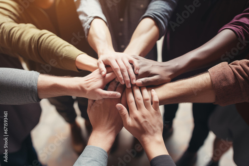 community and support concept, hands of people together, group circle photo