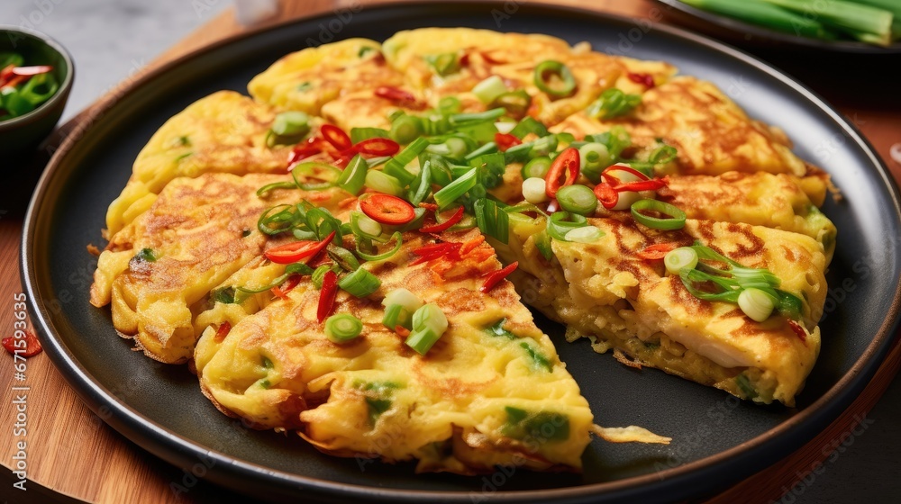 Overhead view of a freshly served Chinese fried omelette with chopped prawn, spring onions and chilli slices similar to Korean pancake omelette.
Overhead view of a freshly served Chinese fried omelette with chopped prawn, spring onions and chilli slices similar to Korean pancake omelette.