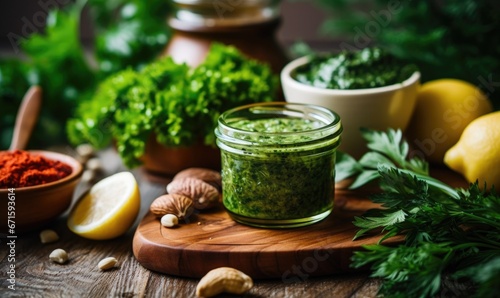 Pesto sauce in a glass jar and ingredients on a dark background