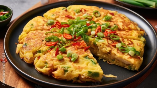 Overhead view of a freshly served Chinese fried omelette with chopped prawn, spring onions and chilli slices similar to Korean pancake omelette. 