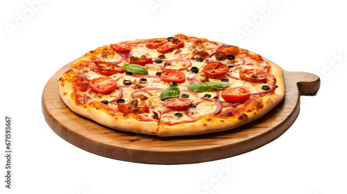 Pizza on wooden board on transparent background
