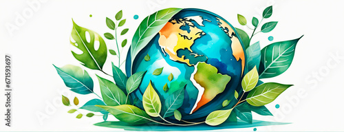 Planet Earth with leaves on white background. Eco concept. watercolor painting style. #671593697
