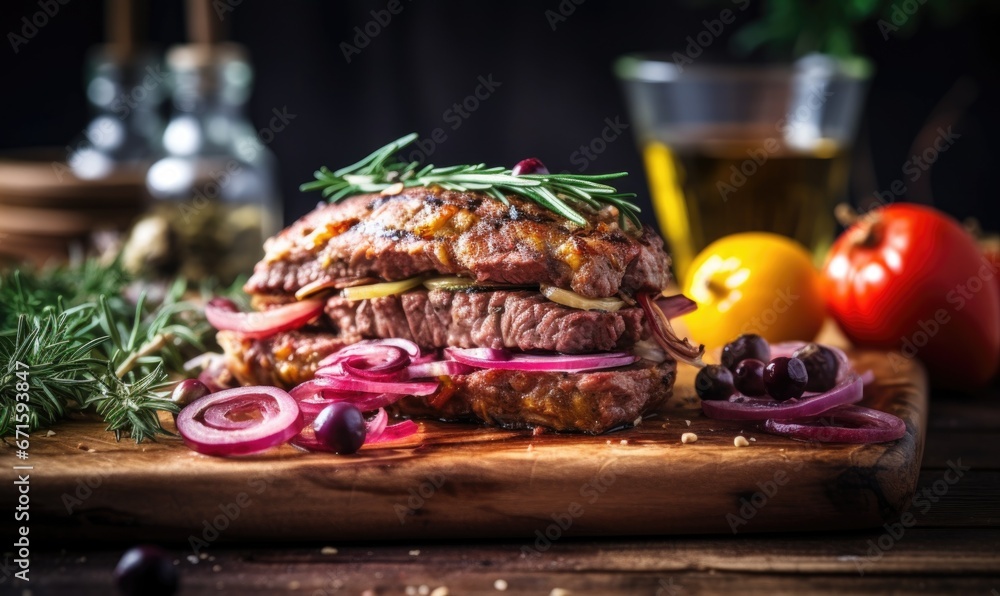 Grilled beefsteak with onion rings and rosemary on wooden board