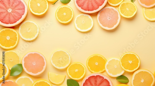 Pattern of slices citrus-fruit of Lemons, oranges, grapefruit, lime on beige background. Healthy food, diet and detox concept. Flat lay, top view 