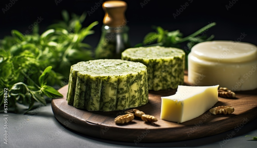 Homemade cheese with herbs and olive oil on a wooden board.