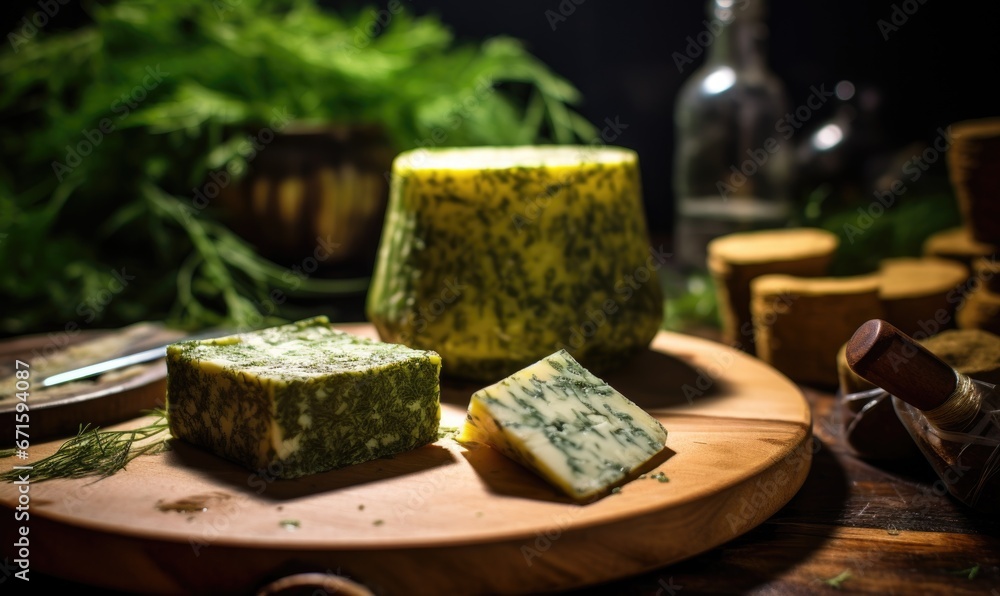 Homemade cheese with herbs and olive oil on a wooden board. Homemade cheese with herbs and olive oil on a wooden board.