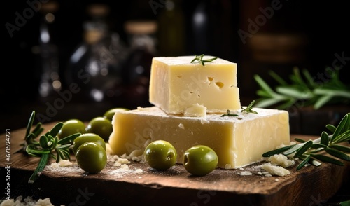 Cheese with olives and rosemary on a wooden board.