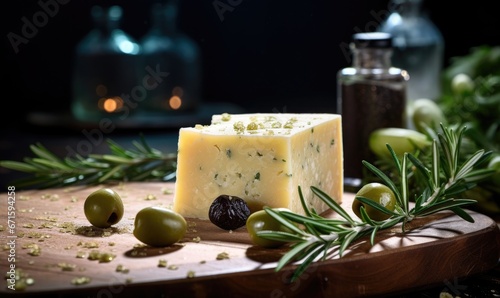 Cheese with olives and rosemary on a wooden board.