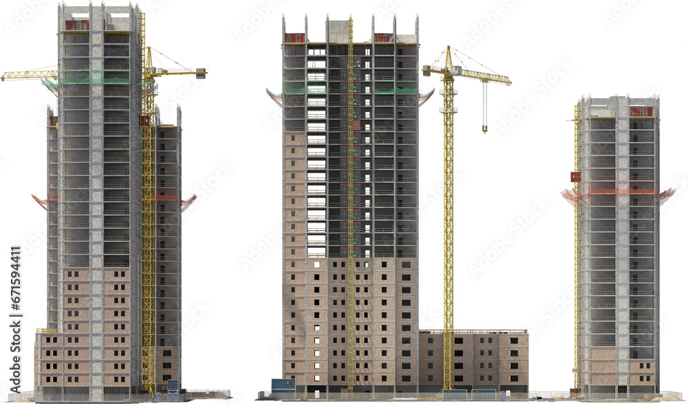 construction site building with crane front and side arch viz isolated 3d render