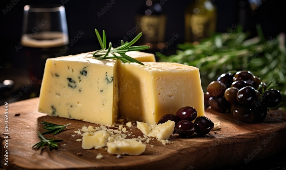 Cheese composition with olives, rosemary and olive oil.
