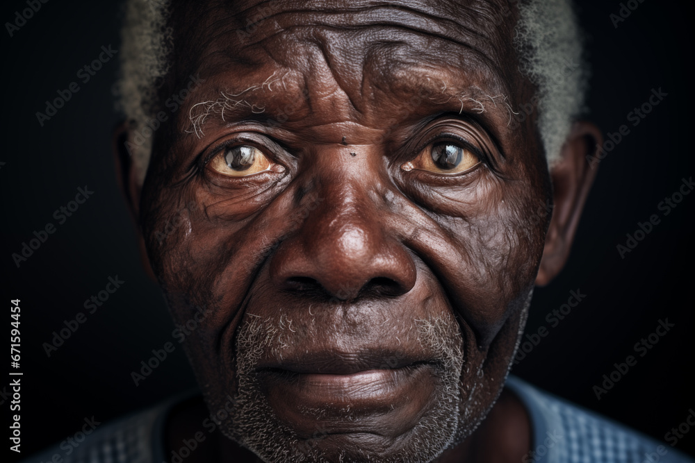 Close up portrait of old sad unhappy afro man looking at camera. Part of black unshaved male face. Close up portrait of old sad unhappy afro man looking at camera. Part of black unshaved male face.