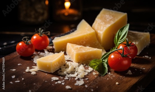 Parmesan cheese with cherry tomatoes and basil on a wooden board