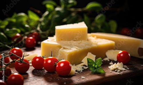 Parmesan cheese with cherry tomatoes and basil on a wooden board