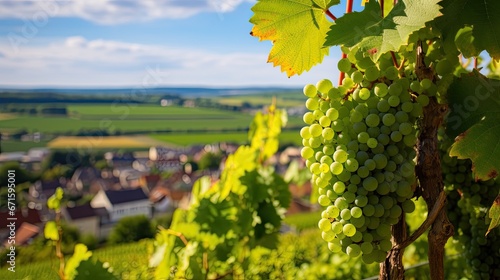 Row vine grape in champagne vineyards at montagne de reims countryside village background. 