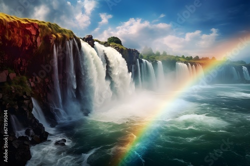 A vibrant rainbow stretching across a misty waterfall. © Tachfine Art