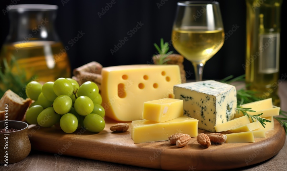 Cheese composition with grapes, wine and nuts on a wooden board