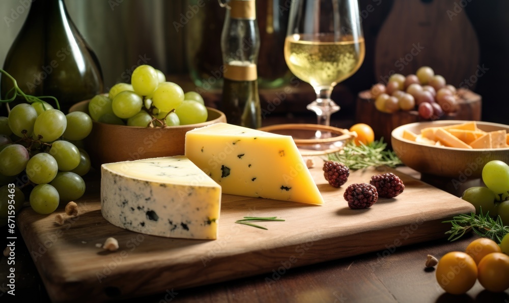 Cheese composition with grapes, wine and nuts on a wooden board Cheese composition with grapes, wine and nuts on a wooden board
