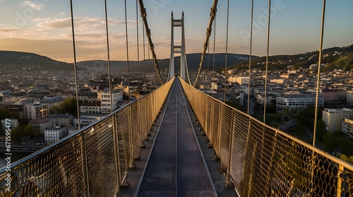 a bridge with a large suspension bridge and a city in the background