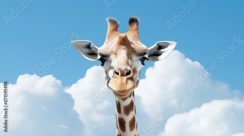 Single giraffe sticking his head out of clouds 