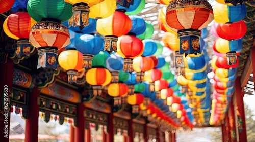 Southkorea Seoul Yogyesa Temple. Colorful painted lanterns in temple at lanterns festival in Seoul, South Korea.
 photo