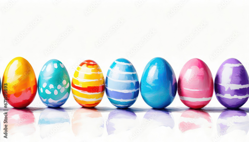 Fototapeta premium Cute painted easter eggs on white with copy space