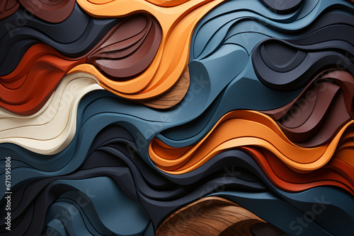 Abstract black brown wood art texture colorful background with wood veneer waving waves overlapping layers