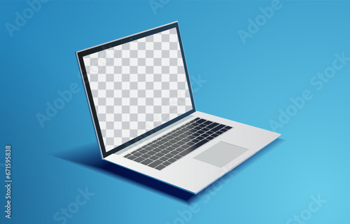 45 degree angle Realistic Silver Laptop and Black Keyboard Mockup on a Blue Background 