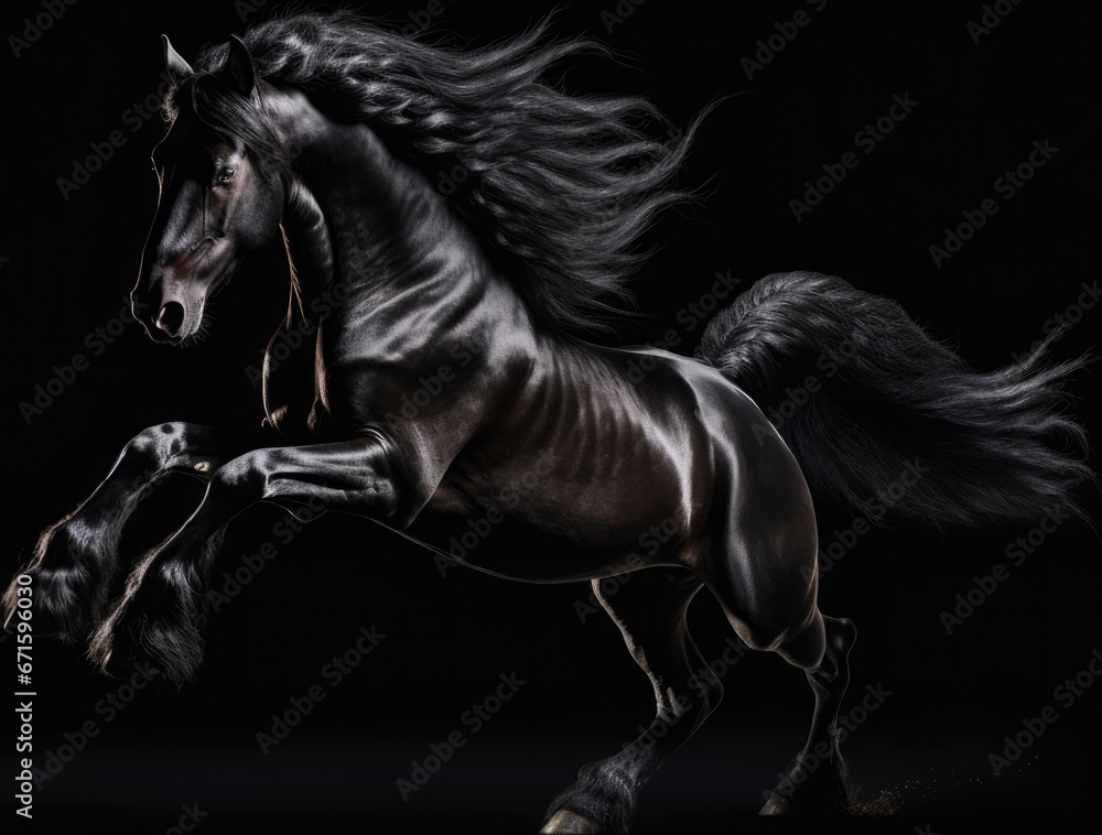 Fototapeta premium Beautiful black stallion with long mane running on dark background