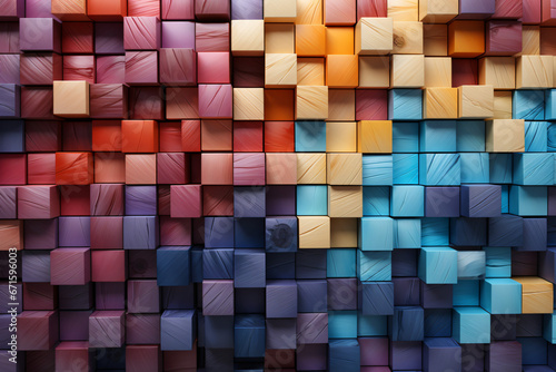 Abstract geometric rainbow colors colored 3d wooden square cubes texture wall background banner illustration panorama long, textured wood wallpaper 
