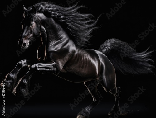 Beautiful black stallion with long mane running on dark background